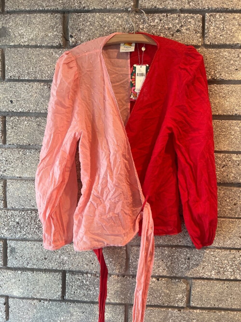 Colorblock Wrap Blouse With Puff Sleeves & Textured Dotted Fabric Pink & Red Tie - Picture 2 of 13